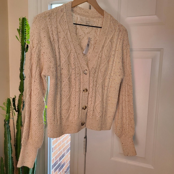NWT Loft Speckled Cable Knit Chunky Beige Cardigan, Size Womens S Long Sleeve - Picture 2 of 8